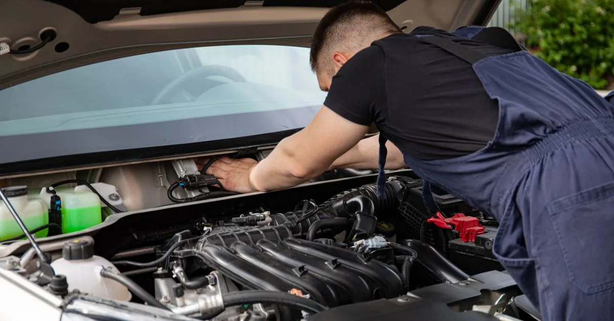 Mechaniker bei Arbeiten im Motorraum